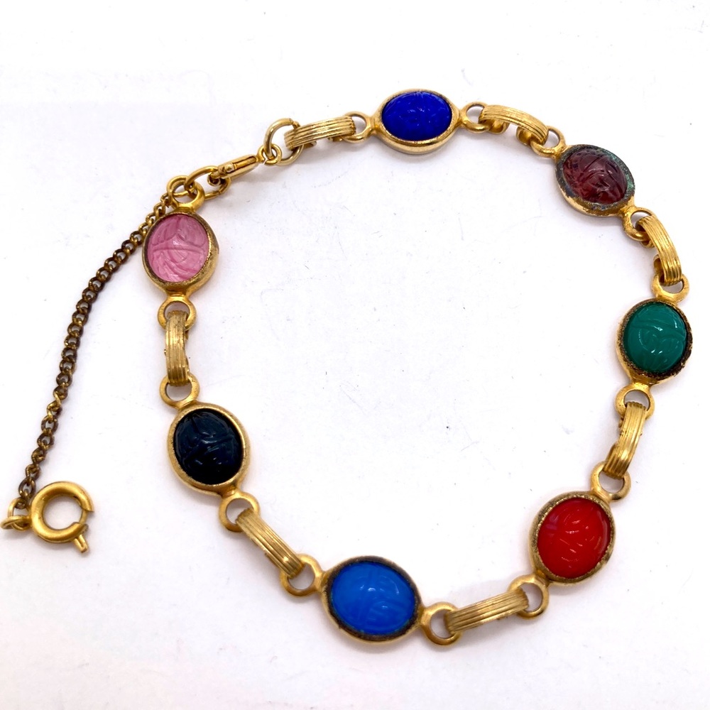 Vintage Scarab Bracelet Gold Tone Metal Faux Stone Flawed